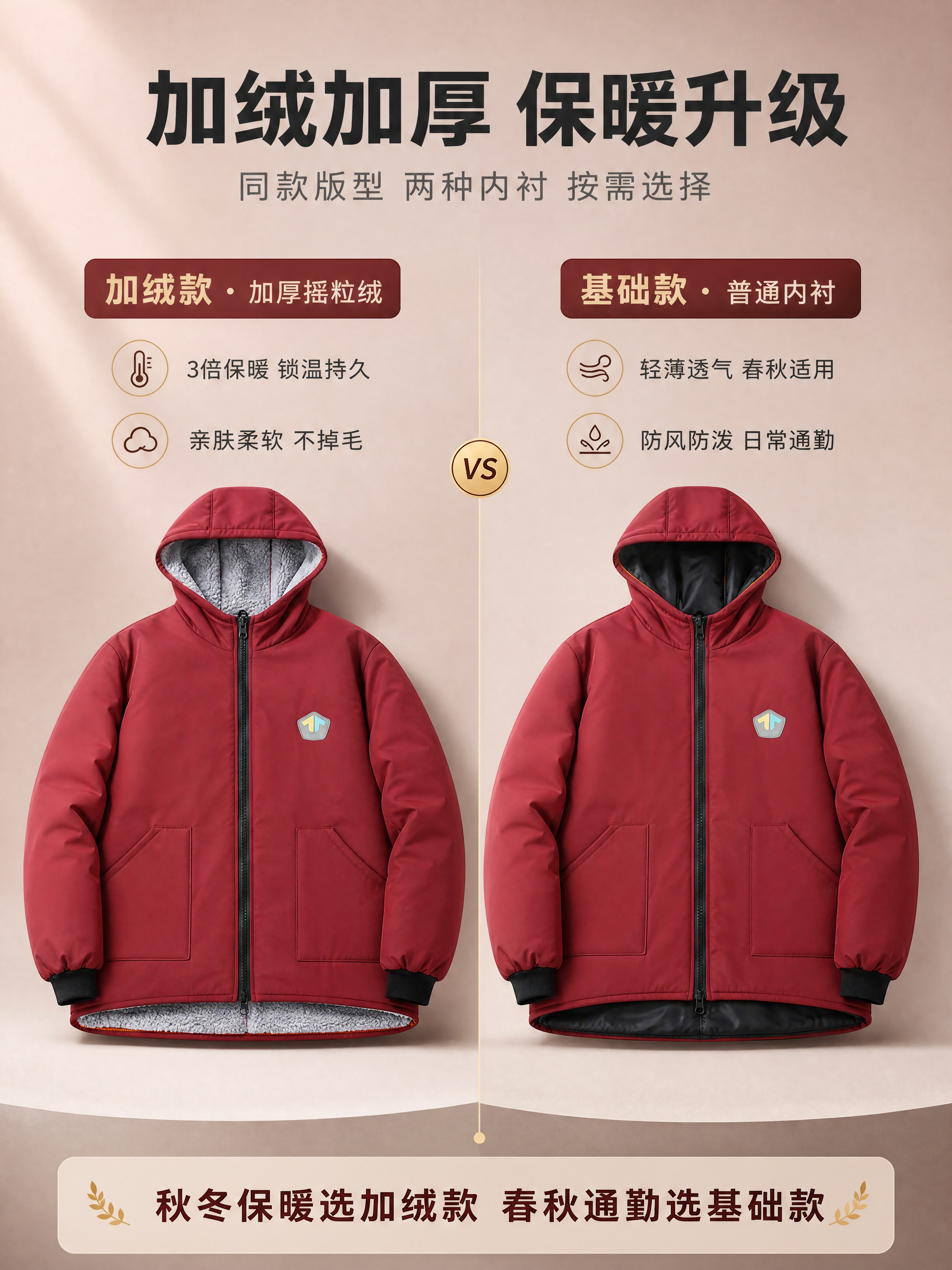 [商品] 使用【图1】酒红色连帽加绒外套（左）和【图2】酒红色… - 图片创意预览