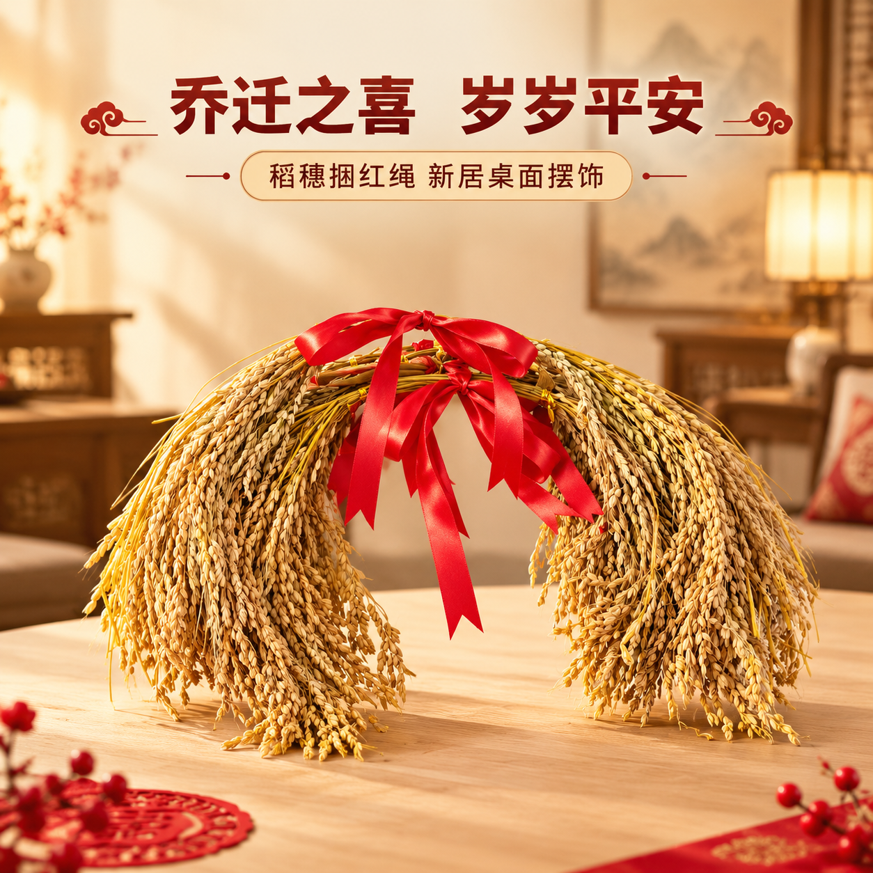 [商品] 使用【图4】稻穗捆红绳乔迁桌面摆饰；保留稻穗干料金黄… - 图片创意预览