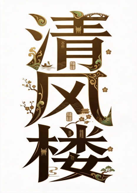 参考图片风格，设计国潮创意艺术字“清风楼”，字体基础为粗体黑体，主体为深棕色描金边，在笔画内部融入传统中式祥云、卷草纹、松枝梅花、古建山水等国风装饰元素，文字竖向排列，从上到下依次为清、风、楼，穿插传预览效果