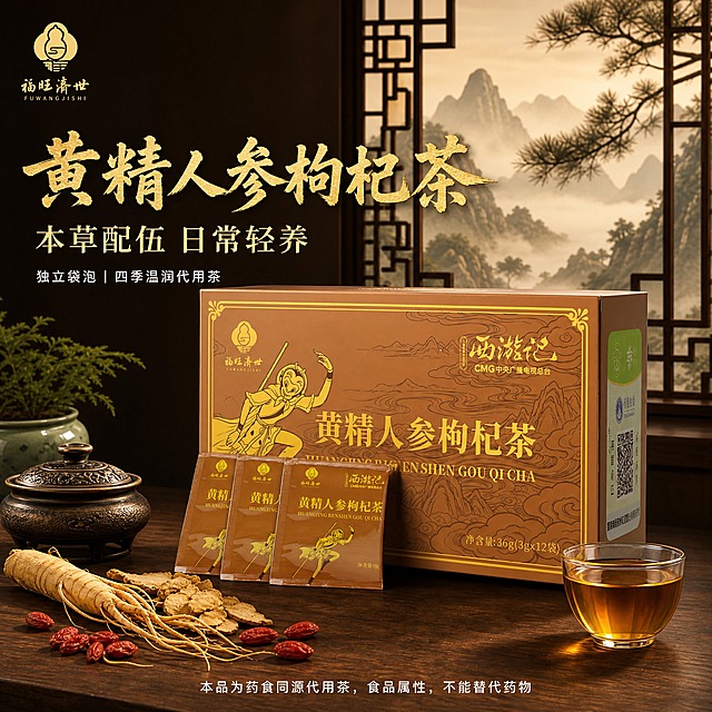[主图-1] 全景主图，任务是首图点击率，展示黄精人参枸杞茶礼盒与茶包、茶汤、原料的完整组合，传递国风品质与日常轻养的产品印象。
[统一基调] 京东1:1主图，国风调性，中式窗景山水意境，暖棕金色系，深棕背景配烫金文字与线条，稳重典雅有品质感；主标题用粗厚国风书法体烫金色，副标题用细宋体浅金色，小字用简洁黑体米白色；整体文字占比小于30%，一图一重点，画面干净不杂乱。
[画面] 画面中心偏右放置福旺济世西游记联名黄精人参枸杞茶礼盒，礼盒为棕金色包装，正面印有孙悟空形象与"西游记"联名标识、"黄精人参枸杞茶"字样，保持产品外观、颜色、结构与输入图完全一致；礼盒前方斜放3袋独立小茶包，茶包包装与礼盒风格统一；礼盒右前方放一只透明玻璃茶杯，杯中盛有透亮琥珀色茶汤；画面左下角散落摆放人参、枸杞、黄精等原料，真实自然；背景为中式古典窗格窗景，透过窗格可见远山云雾、松枝剪影的国风山水意境，窗棂为深木色，有柔和自然光从窗外透入，营造温润雅致的东方氛围；产品主体占画面约65%，礼盒完整不切割。
[光影质感] 商业摄影质感，柔和暖调侧光，主光从左上方来，在礼盒表面形成自然的金色反光，茶汤通透有光泽，原料纹理清晰；产品底部有自然接触阴影，稳稳落在深色木质台面上，无悬浮感；整体光影温润，突出国风品质与食品质感。
[配色] 主色调深棕、暖棕、烫金、米白；背景为深棕渐变叠加中式窗格山水剪影，文字为烫金色主标题、浅金色副标题、米白色小字；强调色为茶汤琥珀色与枸杞红色，点缀少量绿色增加生机。
[文字版式] 左上角放置"福旺济世"品牌小Logo；画面上方偏左位置主标题："黄精人参枸杞茶"，粗厚国风书法体，烫金色，字号最大；主标题下方副标题："本草配伍 日常轻养"，细宋体，浅金色，字号约为主标题一半；副标题下方小字："独立袋泡｜四季温润代用茶"，简洁黑体，米白色，字号更小；画面最底部通栏放置一行合规小字："本品为药食同源代用茶，食品属性，不能替代药物"，白色小字，清晰可读，不遮挡主体；所有文字放在负空间，不遮挡礼盒主体。
[输出要求] 1:1正方形，2048×2048，2K分辨率，文字清晰无错字，产品清晰不变形，画面干净有质感；禁止出现京东Logo、水印、二维码、绝对化用语、医疗功效宣称，禁止人物面部扭曲、手指畸形，禁止产品悬浮穿模。