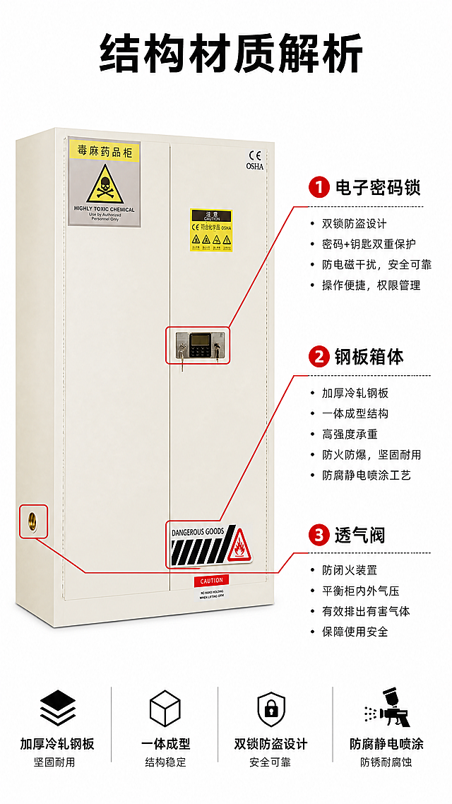 [第4屏] 毒麻柜结构材质解析。本屏使用【图1】产品，红框标注核心结构。[氛围/风格] 专业工业解析风，白底清晰展示结构，突出材质优势。[元素布局] 主体毒麻柜占据左侧60%区域，右侧分点文字标注结构；红框标注电子密码锁、钢板箱体、透气阀三个核心部位，每个部位对应材质说明。保持产品原有结构颜色不变，只增加标注解析。[光影质感] 正面打光，结构细节清晰，钢板纹理可见。[配色色系] 全局底色 #FFFFFF；主色米白箱体，黑色标注文字；辅助色红色标注框突出核心部位。[视角构图] 正面平视，结构解析视角，左右分栏排版。[文字版式] 顶部主标题 "结构材质解析"，右侧标注："加厚冷轧钢板" "一体成型" "双锁防盗设计" "防腐静电喷涂"，文字清晰层级分明。[比例分辨率] 宽度750px，高度1400px，分辨率4K，文字清晰可辨，高清画质。[负向提示词] 结构变形，标注遮挡产品，文字错乱，颜色偏差。