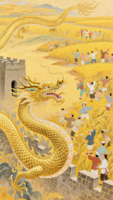 一条由盘金绣工艺制成的金色巨龙腾飞于长城之上，龙鳞闪耀着金属光泽，背景是农民画风格的欢庆人群和丰收稻田，色彩对比强烈，构图饱满，画面喜庆热烈，充满力量感。盘金绣龙 农民画背景 金色长城 喜庆热烈预览效果
