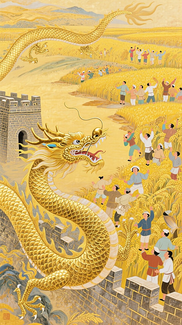 一条由盘金绣工艺制成的金色巨龙腾飞于长城之上，龙鳞闪耀着金属光泽，背景是农民画风格的欢庆人群和丰收稻田，色彩对比强烈，构图饱满，画面喜庆热烈，充满力量感。盘金绣龙 农民画背景 金色长城 喜庆热烈