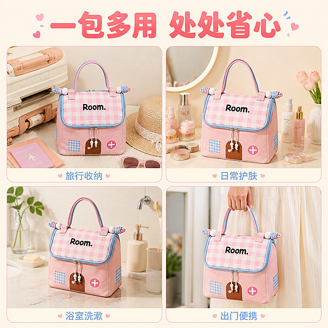 [主图-5] 多场景使用 展示化妆包的多种用途和场景
[统一基调] 淘宝/天猫 1:1 多巴胺甜美风 粉蓝马卡龙配色 温馨治愈家居感 主标题用圆润粗体字 深粉色主标题 浅蓝色辅助色 字体可爱圆润 层级清晰
[画面] 四宫格布局 展示四个不同使用场景 左上 旅行收纳 化妆包放在行李箱旁 旁边有旅行用品 右上 卧室梳妆台 化妆包放在梳妆台上 周围有护肤品和化妆品 左下 浴室洗漱 化妆包放在洗手台边 防水环境 右下 出门便携 手拎着化妆包的特写 每个场景都有产品出现 产品外观保持一致 四宫格之间用粉色细线条分隔 整体背景为浅奶油色
[光影质感] 每个小场景都有自然柔和的光线 产品在各场景中光影统一 质感一致 整体明亮温馨
[配色] 主色粉色 辅助色浅蓝色和奶白色 背景浅奶油色 标题深粉色
[文字版式] 顶部大标题"一包多用 处处省心" 深粉色圆润粗体大字 四宫格每个小图下方有两个小字标注场景名称 如"旅行收纳" "日常护肤" "浴室洗漱" "出门便携" 浅蓝色小字 文字清晰不遮挡产品
[输出要求] 比例1:1 2048x2048 四宫格布局整齐 产品在各场景中外观一致 文字清晰可读 无错字 无水印 无平台Logo 禁止各场景产品外观不一致 禁止杂乱