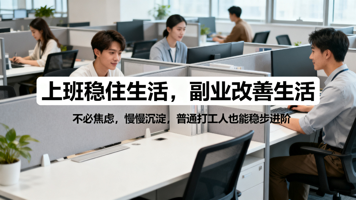 1280*720尺寸，办公室工位背景，包含年轻员工人物，现代简约风格海报，主副标题分明，主标题是"上班稳住生活，副业改善生活"，副标题是"不必焦虑，慢慢沉淀，普通打工人也能稳步进阶"，使用黑体，字体清预览效果