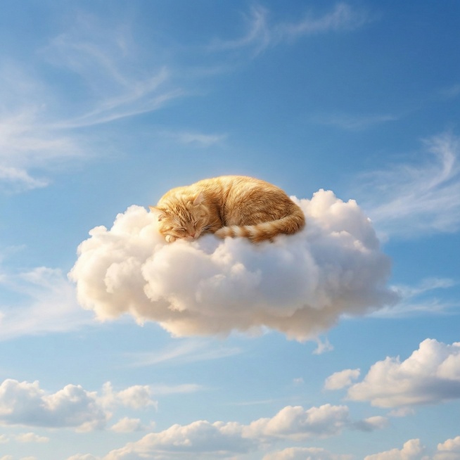只保留睡着的猫咪，产品去掉，背景换成天空，猫咪睡在云朵上预览效果