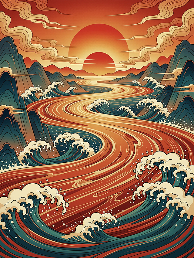 复制风格，去掉鸟，换成滚滚长江东逝水，几度夕阳红的抽象画面，去掉字幕。