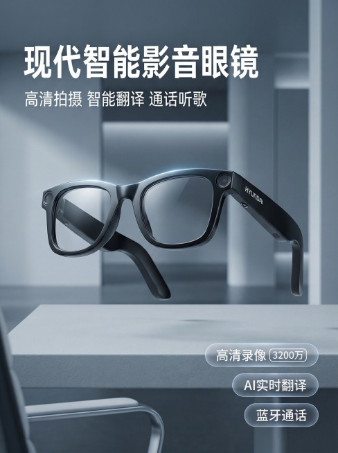 [主图 1] 现代智能办公场景下的智能眼镜首图
[氛围/风格] 商务简约，科技冷感，高级质感，简约大气
[画面元素] 保持产品外观和原图一致，黑色智能眼镜居中悬浮在浅灰色磨砂质感办公桌面上，背景是模糊预览效果