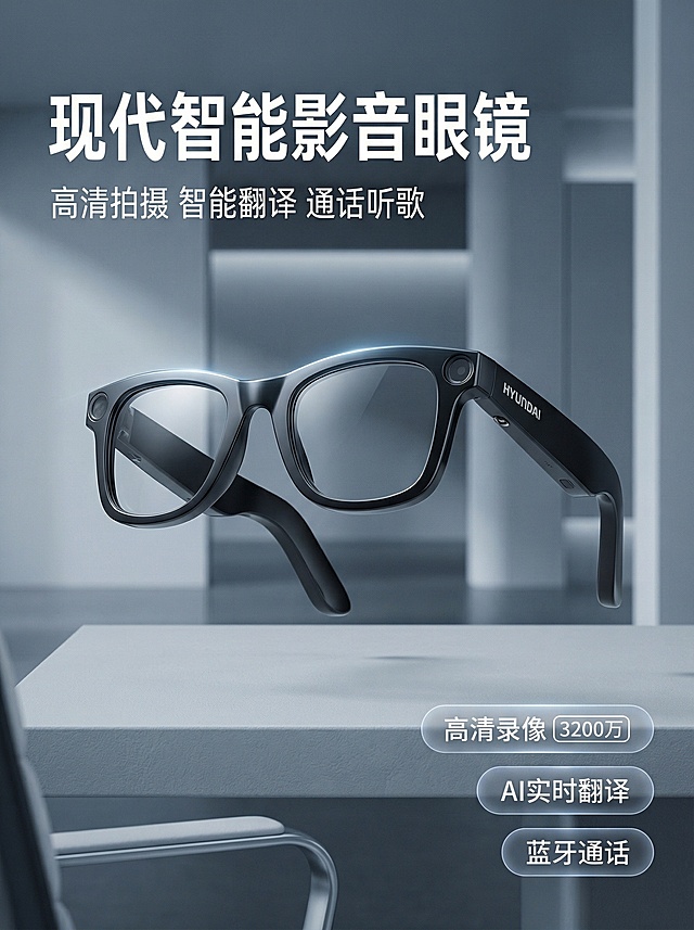 [主图 1] 现代智能办公场景下的智能眼镜首图
[氛围/风格] 商务简约，科技冷感，高级质感，简约大气
[画面元素] 保持产品外观和原图一致，黑色智能眼镜居中悬浮在浅灰色磨砂质感办公桌面上，背景是模糊虚化的极简商务办公室空间，柔和冷侧光打亮眼镜边框，保留产品边缘高光反射，产品主体完整清晰不切割，画面干净留白充足。
[配色色系] 主色调：高级深空黑（产品），浅灰蓝（背景）；辅助色：白色（文字）
[视角构图] 平视角度，景深适中，产品占据画面中心区域，无边框大图满铺构图
[文字版式] 主标题 "现代智能影音眼镜" 加粗大号字体放在画面左上角留白处；副标题 "高清拍摄 智能翻译 通话听歌" 小号字体放在主标题下方；右下角三个圆角半透明胶囊卖点 "高清录像 [3200万]" "AI实时翻译" "蓝牙通话"；文字颜色均为白色，和背景保持强对比，不遮挡产品主体。
[比例分辨率] 3:4比例，2K分辨率。