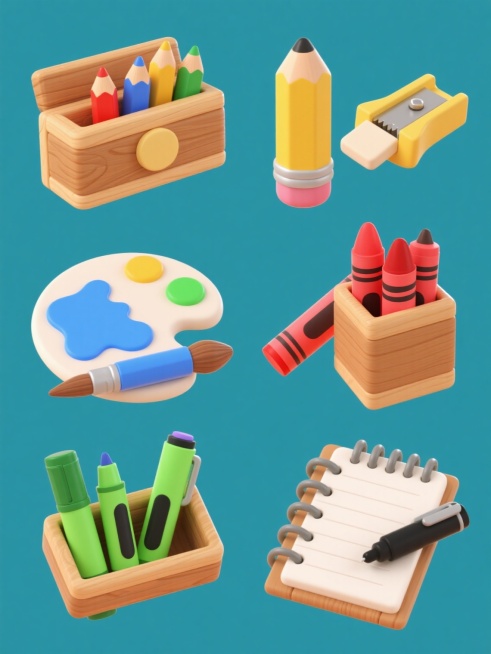 6个完全不同的画具元素，保持3D立体风格，圆润可爱的造型，鲜艳明快的色彩，木质纹理的质感，纯色背景，每个元素独立展示，规整排布成系列素材集合，包括：1. 木质铅笔盒与彩色铅笔组合，2. 带橡皮的黄色铅笔和削笔刀，3. 蓝色水彩颜料和画笔，4. 红色蜡笔和蜡笔盒，5. 绿色马克笔和马克笔套装，6. 素描本和黑色炭笔。预览效果