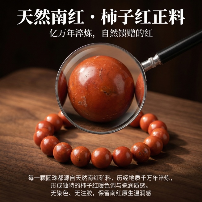 [主图 3 材质解析]
[主图主题] 天然南红柿子红正料材质展示
[氛围/风格] 微距质感，自然原生高级感
[画面元素] 放大镜效果突出单颗南红圆珠的表面纹理，展示天然瓷润质感，主串放置在画面下方，放预览效果