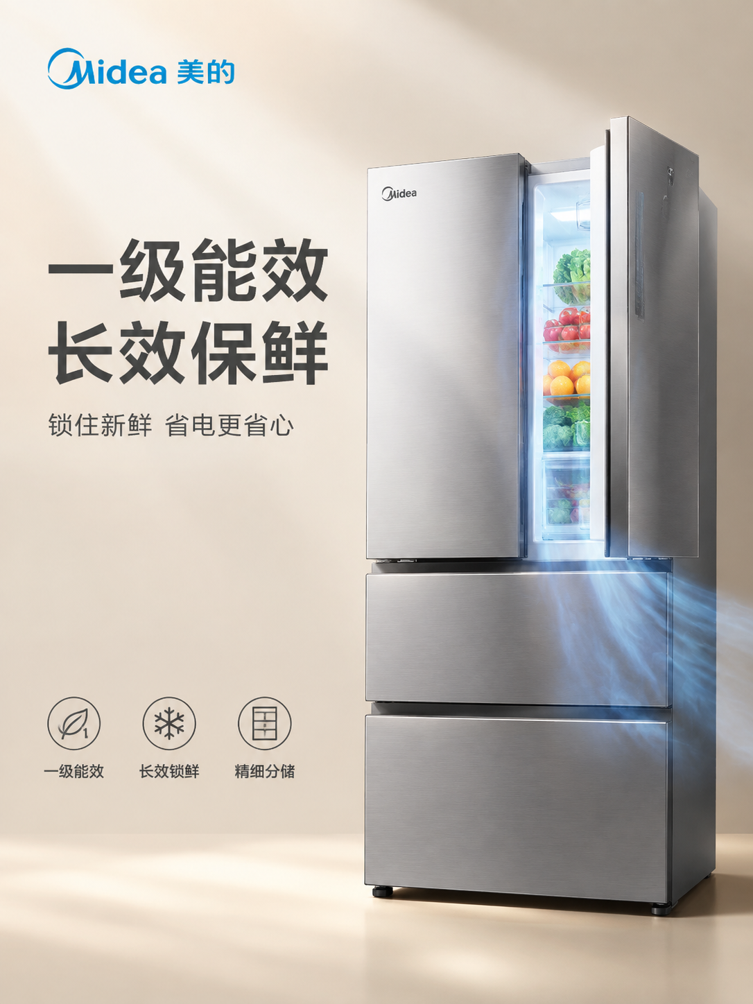 [单张主图] 美的法式多门冰箱核心卖点主图，高级氛围感路线，主… - 图片创意预览