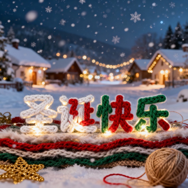 画面中大大的“圣诞快乐”主题字为多层粗毛线编织，白色、红色、绿色多层粗粗毛线编织，文字有灯光照射，下方多层各色毛绒线条铺垫，周边有线团及金色针织装饰，节日氛围浓厚，背景是梦幻雪乡效果，雪景覆盖的房屋，预览效果