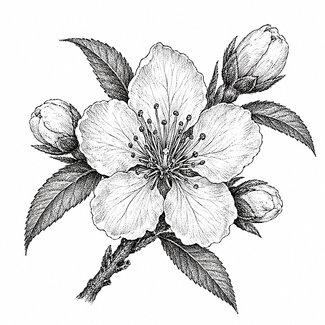参考图中包装上的黑白铜版画/古典植物雕版线描风格，重新绘制一幅【桃花】的简笔画：单朵桃花正面大特写居中，五枚花瓣舒展、瓣脉清晰，中心花蕊根根分明，四周烘托几片桃叶与花苞，用细密排线塑造花瓣的柔润质感，纯白背景，黑白色调，无任何文字