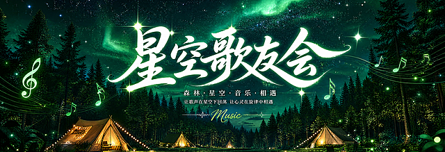超宽幅活动主背景板，森林星空歌友会主题，高级绿色系。画面是夜晚的森林场景，高大茂密的深绿色树木，林间草地上有发光的帐篷，温暖的灯光从帐篷透出。上方是璀璨的星空，绿色极光在夜空中流动，无数星星闪烁。画面中央是巨大醒目的艺术字标题"星空歌友会"，白色发光字体，带有星光闪烁效果，字体大气流畅，非常突出。周围有发光的音符和音乐元素漂浮。整体高级感，干净流畅，绿色高级配色，森林与星空结合的梦幻氛围，符合年轻人审美，有亮点抓眼球。超宽横幅构图。