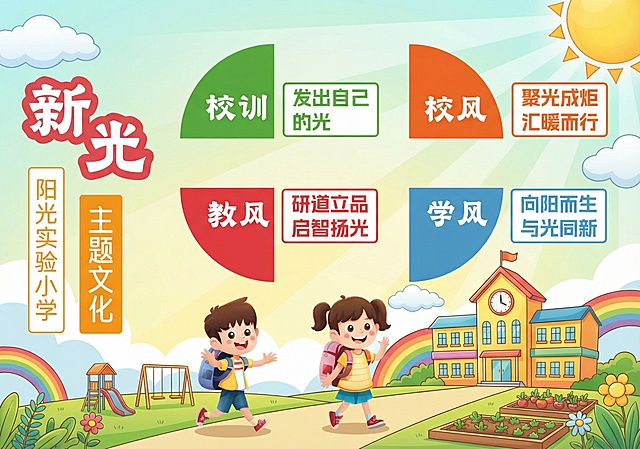 延续现有卡通活泼风格，制作新光阳光实验小学主题文化海报，保留校训“发出自己的光”、校风“聚光成炬，汇暖而行”、教风“研道立品，启智扬光”、学风“向阳而生，与光同新”的文字内容，搭配可爱的小学生卡通形象和校园建筑元素，色彩鲜艳明快，充满童真校园氛围