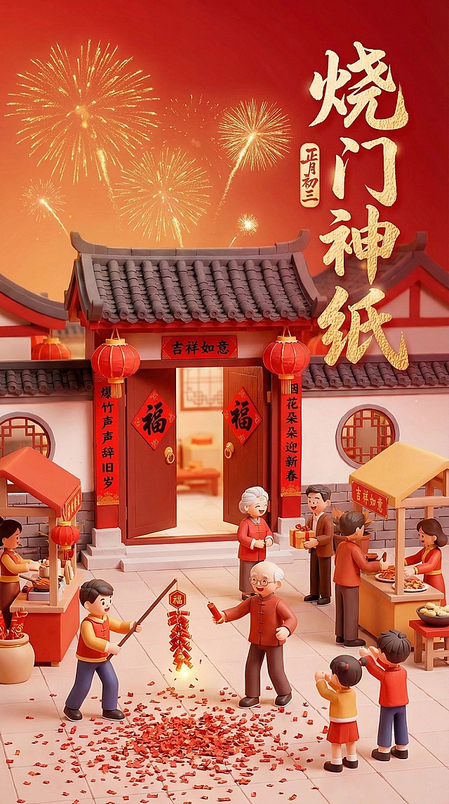 参考这张图片的风格样式及文字布局，文字样式风格以及位置都严格和参考图保持一致，按照中国传统民俗，制作除夕到初七的新春民俗套图，共八张