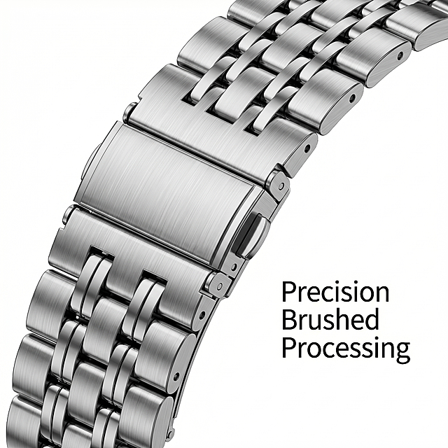 [Main Image 3] Close-up detail display of the metal clasp and three-bead structure of Garmin Quick Release Three-Bead Stainless Steel Watch Band. Magnify the brushed texture of the stainless steel, highlight the metallic luster and exquisite processing details. Keep the material and structure consistent with the original input image. Pure white background, focus on the clasp area, commercial macro photography. English text note "Precision Brushed Processing" next to the detail area. Clear focus, high contrast, highlighting the quality of the metal material. 1:1 square, 2K resolution, super clear. Negative prompt: deformation, watermark, text garbled, blurred product image, messy background.
