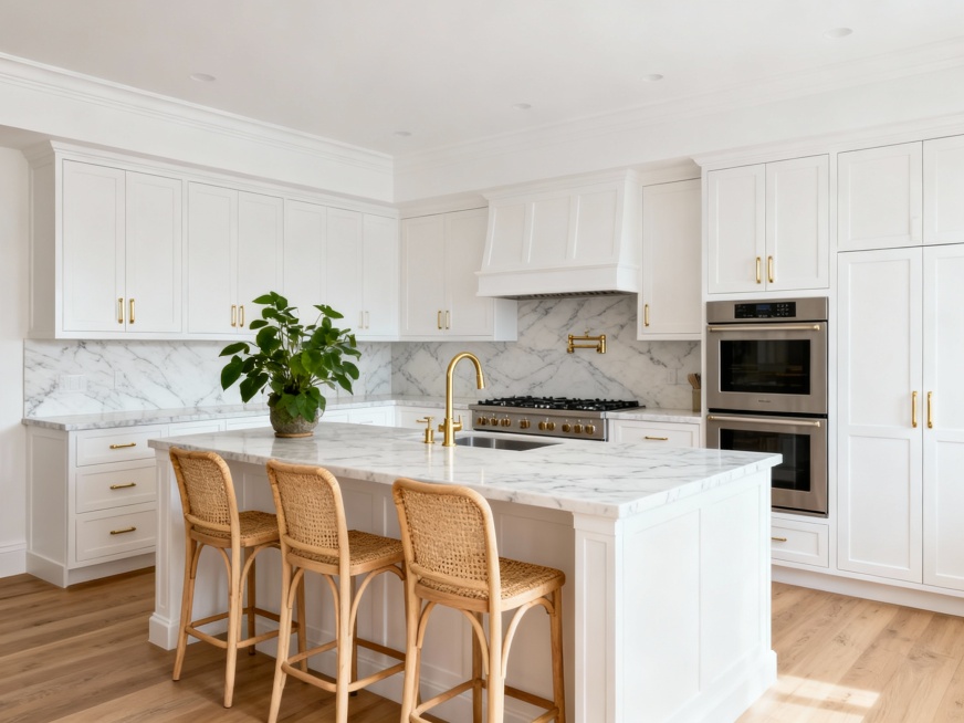 现代美式简约风格的厨房，整体色调以白色、浅木色为主，搭配金色细节，显得干净温馨又有质感：露出白色平坦天花板，
柜体与台面：长方形白色的橱柜 + 大理石纹理的台面，简洁大方；
细节装饰：金色的柜门把手、预览效果