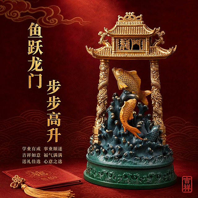 [主图-8] 送礼寓意与文化内涵，突出鱼跃龙门的美好祝愿。香炉居中偏右微仰视，深酒红色渐变宣纸质感背景，左上角淡金色水墨祥云纹样，下方水波纹暗纹，左下方红色贺卡与金色流苏。左侧竖排主标题「鱼跃龙门 步步高升」烫金粗宋体，下方三行小字「学业有成 事业顺遂」「吉祥如意 福气满满」「送礼佳选 心意之选」。右下角红色印章「吉祥」二字。高端礼品摄影质感，柔和顶光与侧光结合，金色华贵光泽，深酒红主色调喜庆高级。1:1正方形构图。