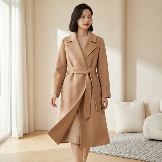 垫图为用户上传的驼色收腰女士大衣，保持大衣外观与原图完全一致，模特与首图为同一人，发型、内搭、下装均不变。画面为治愈家居场景，柔和漫射自然光，慵懒松弛感。模特自然行走在奶油色系家居空间中，步伐轻松，大预览效果