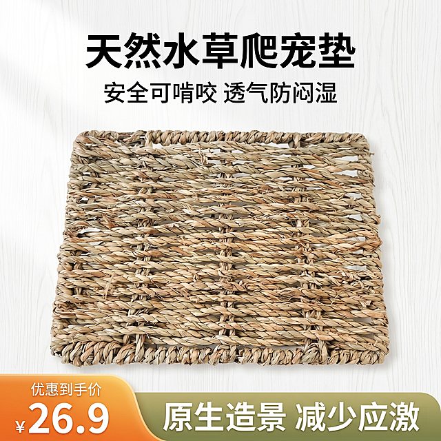 严格还原上传的爬宠天然水草编织垫产品图，包括编织纹理、原色色调、方形轮廓、锁边工艺、镂空网眼等所有细节；产品外观必须与参考图完全一致，不得改变编织样式、配色方案、尺寸比例或外形结构；保持产品的真实材质质感（天然水草纤维哑光粗糙肌理、原生草木原色、编织纹路立体真实、无人工抛光感）。画面比例为 1:1 竖版，杂志级精致排版，ins 简约自然风，莫兰迪浅棕原木主色调，左侧 45° 柔和自然光，高清 8K 超写实实拍质感，无虚化无噪点。主标题：天然水草爬宠垫，居中上方加粗无衬线黑体；副标题：安全可啃咬 透气防闷湿，主标题下方居中排列。画面居中放置完整方形水草编织垫，纯白浅灰极简背景，轻微原木纹理底纹点缀。底部全屏贯穿营销通栏，图层置顶无缝衔接边框；通栏左侧暖橘渐变圆角梯形叠加设计，小字标注优惠到手价置于大号价格左上方；通栏右侧产品原色渐变圆角矩形，标注核心利益点：原生造景 减少应激。整体留白均衡，视觉焦点集中产品主体，色调统一高级干净。畸形产品、扭曲编织、色差严重、LOGO 乱加、多余文字、水印、人物模特、杂物乱入、夸张滤镜、高饱和刺眼色彩、模糊糊边、AI 塑料质感、变形方形、锁边残缺、网眼错乱、文字排版歪斜