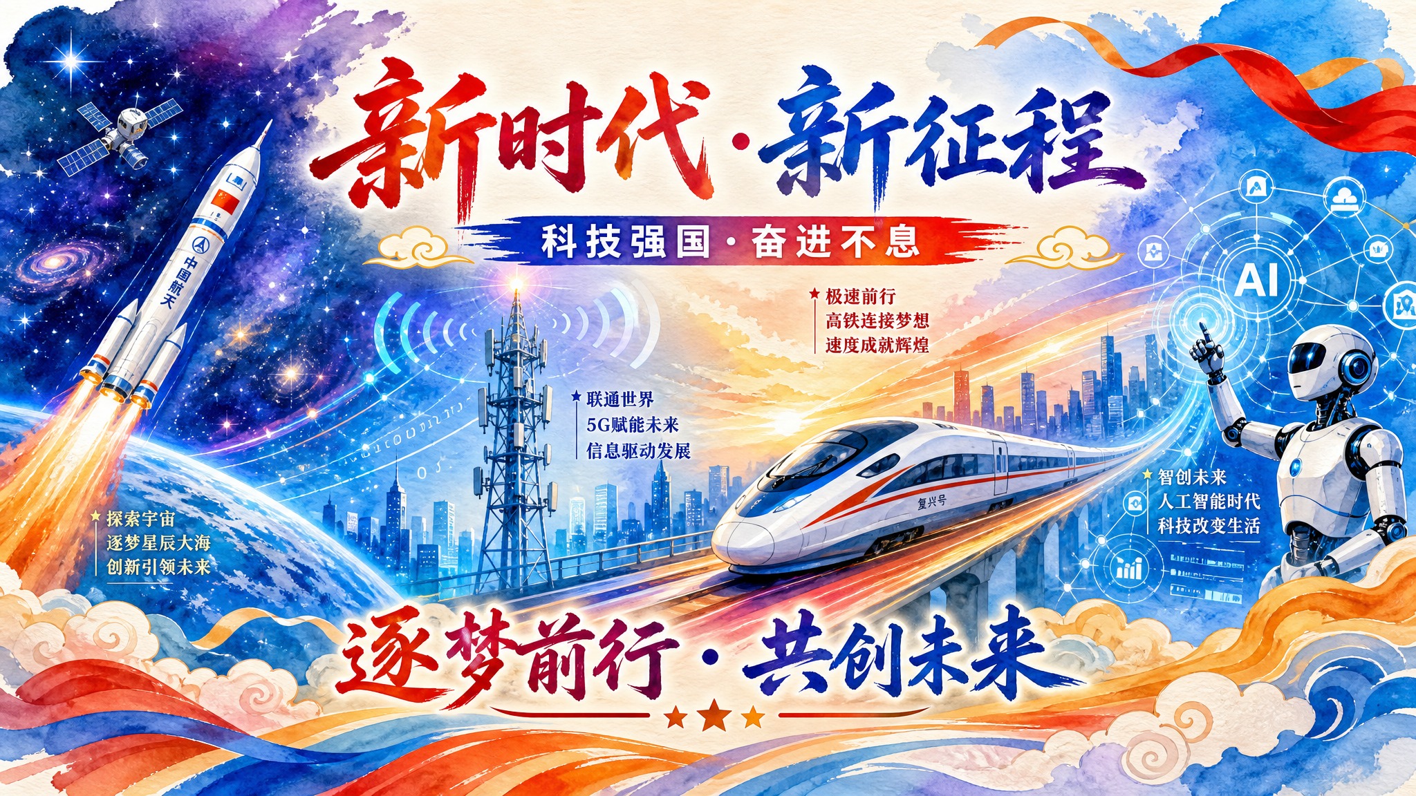 手绘水彩插画风格的运动会背景展板，横版16:9构图，展现科技发… - 图片创意预览
