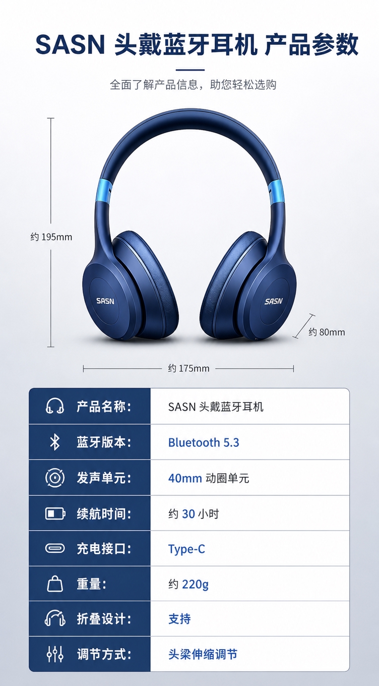 [商品] 使用【图1】SASN 深海蓝头戴蓝牙耳机正面视角；保… - 图片创意预览