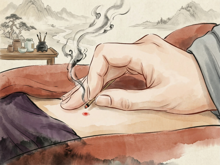 将图片改为国风动画形式，保留原艾灸操作细节，融入水墨色彩渲染，体现传统中医氛围预览效果