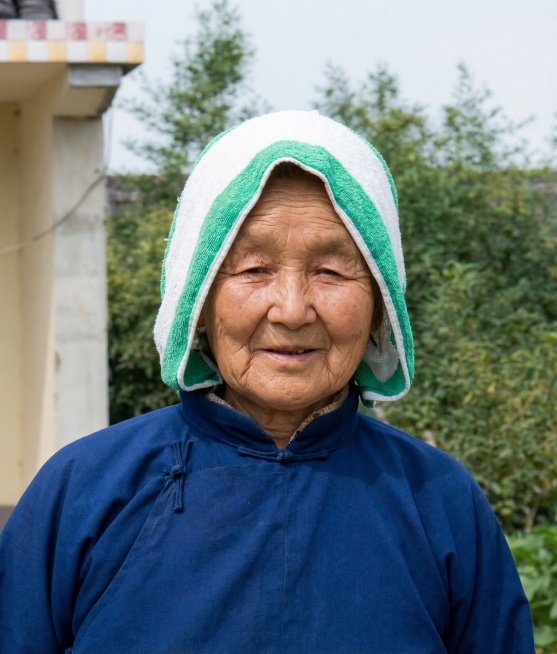 移除图片中多余的小女孩和左侧人物，只保留老奶奶一个人，提升图片清晰度，修复画质，保留老奶奶原本的穿着头巾和背景环境，自然真实预览效果