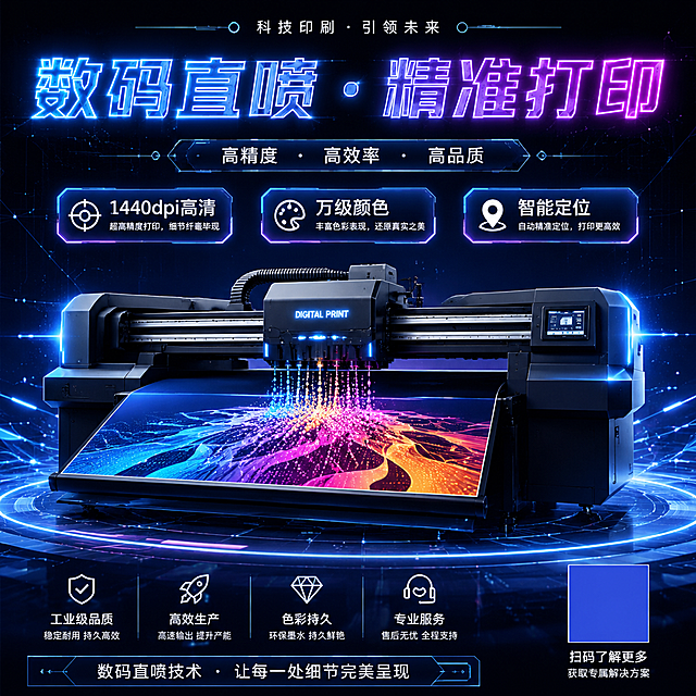 科技未来感的数码直喷印刷海报，正方形1:1构图。主标题「数码直喷 · 精准打印」采用科技感发光字体，蓝紫色霓虹效果。背景为深色科技网格空间，带有数据流线和粒子光效。画面中央是一台工业级数码印花机的3D渲染轮廓，喷头正在喷出彩色墨滴形成图案。卖点标签悬浮排列：「1440dpi高清」「万级颜色」「智能定位」。整体色调：深蓝黑+霓虹蓝紫+白色，科技感十足。版式精美，对称构图。画面中所有信息区域必须填充完整合理的内容。二维码区域使用纯色方块占位符。超高清，2K分辨率。