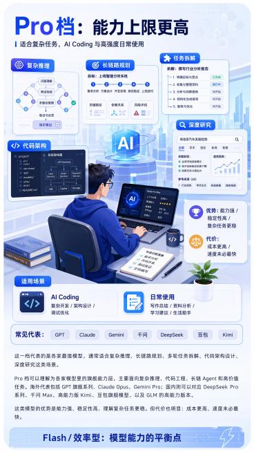 小红书图文素材，整体蓝色系简洁排版，保留全部原内容，重新排版适配小红书竖版尺寸，内容为Pro档模型能力介绍，画面保持信息清晰、阅读舒适，整体科技蓝简约风格，版式精美，适合小红书发布。预览效果