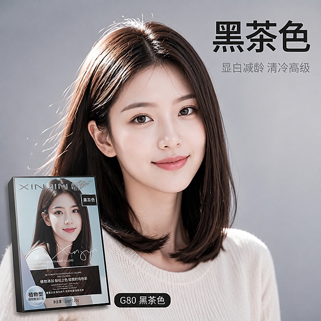 [SKU图-黑茶色] XINJIN染发剂黑茶色真人模特发色展示
[氛围风格] 高级商业摄影质感 真实发色展示 干净简洁 清冷高级
[画质] 超高清商业摄影 发丝根根分明 发色真实饱满 皮肤通透自然
[元素] 画面主体是一位年轻亚洲女模特的肩部以上特写 模特留着柔顺有光泽的黑茶色锁骨发 齐肩长度 发尾内扣 发色呈现黑中带茶的冷调棕色 在光线下透出淡淡的茶褐色光泽 室内接近自然黑发 阳光下有茶调；模特微笑看向镜头 身穿简约米白色针织上衣 妆容清淡自然 突出头发的冷调质感；背景是纯净的冷灰色渐变 简洁高级不抢主体；画面左下角放置XINJIN染发剂包装盒 包装盒上的色号标识改为黑茶色 品牌名XINJIN清晰可见 包装盒略微倾斜 立体感强；发丝在光线下呈现细腻的黑茶层次 发质看起来顺滑有光泽
[光影] 侧逆光从后方45度打亮发丝 形成冷调的发丝轮廓光 透出茶调光泽；正面冷白光补亮脸部和头发暗部 确保发色真实还原；整体光线清透柔和 肤色白皙匀净
[配色] 主色调黑茶色 黑棕色 冷茶棕 辅助色冷灰色 米白色 肤色 整体清冷高级
[视角构图] 正面微侧 模特脸部居中 头发占据画面大部分区域 产品在左下 景深较浅 背景虚化
[文字版式] 右上负空间大字主文案"黑茶色" 黑茶色粗体无衬线字体 字号最大；主文案下方小字"显白减龄 清冷高级" 冷灰色 字号约为大字的50%；左下角产品旁小标签"G80 黑茶色" 黑茶底白字 圆角矩形
[输出要求] 1:1比例 文字清晰锐利 超高清商业摄影质感
[负向提示词] 变形 文字错乱 头发模糊 背景杂乱 水印 电商平台Logo 夸张P图