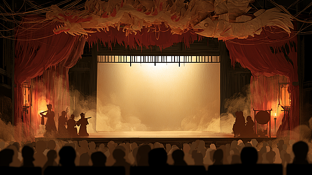 Ancient Chinese opera stage at night, view from audience seats toward stage. Foreground: blurred semi-transparent audience silhouettes, not blocking stage. Stage center empty, reserved for 3 characters. Left/right wings: opera musicians with suona, erhu, gong, drum — only silhouettes, no faces, in soft mist. Above: giant handmade paper dragon and paper fish, faint silk threads. Red old curtains, dark wood, beige shadow window. Materials: rice paper, leather, cardboard, wood, hand pigments, rough edges, fiber texture. Style: Chinese folk puppet animation + shadow puppetry + Nuo opera + stop-motion, flat decorative, non-photorealistic, ancient exquisite. Lighting: honey-golden backlight from shadow window, warm amber side light from lanterns/candles. Dark tones: chestnut red, ochre, smoke brown. Dragon: ivory gold, cinnabar red, light orange. Air: incense mist, dust, soft halos. Mysterious solemn warm mood. No modern lights, no faces, no central figures, no photorealism, no text, no watermarks. --ar 16:9