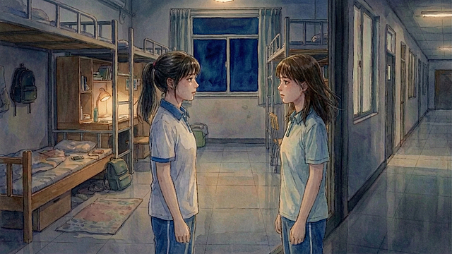 修改场景为宿舍楼道，保留两个人物形象，让两人面对面站着，看着彼此疲惫的脸，晚风吹过，氛围从对峙转为冷静反思，保持水彩风格和深夜背景
