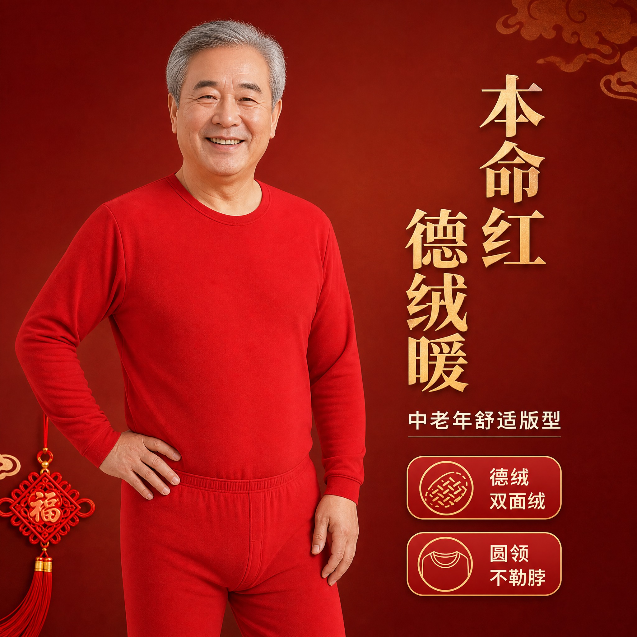 [主图-1] 中老年男性本命年德绒保暖内衣套装模特主图，核心展… - 图片创意预览