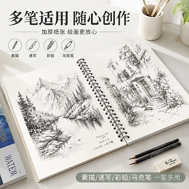 1688电商主图，1:1正方形，美术生专用线圈素描本功能展示主图。画面展示素描本翻开的内页，上面有精美的素描/速写作品，旁边放着铅笔和橡皮，体现使用场景。上方文字"多笔适用 随心创作"，下方标注"素描/速写/彩铅/马克笔 一笔多用"。背景为简约文艺的桌面场景，自然光柔和，整体氛围艺术感强，参考提供的水彩本主图的清新风格。