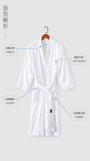 [第3屏] 版型解析页，使用引线标注展示浴袍经典设计。本屏使用【图7】白色浴袍作为主体。
[标题版式] 左侧竖向主标题，简约细字设计，不占用主体空间。
[氛围/风格] 极简产品解析风，干净低饱和背景，预览效果