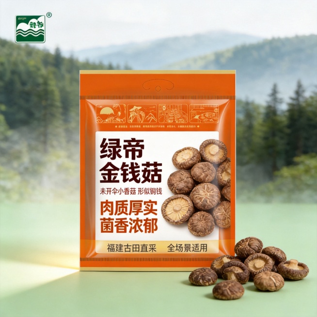 [主图-1] 绿帝金钱菇干香菇产品首图。
[氛围风格] 自然食欲感，清新质朴的食品摄影风格，拼多多直白大字性价比风格
[画质] 商业摄影质感、光线柔和通透、产品清晰真实、画面干净高级
[元素] 产品包预览效果