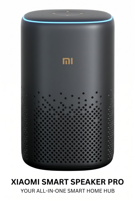 2:3竖屏，欧美高级极简智能家居风，纯白干净背景，中央主体展示Xiaomi Smart Speaker Pro，严格还原上传的产品图，包括包装设计、颜色、LOGO位置、文字内容、图案元素等所有细节，产预览效果
