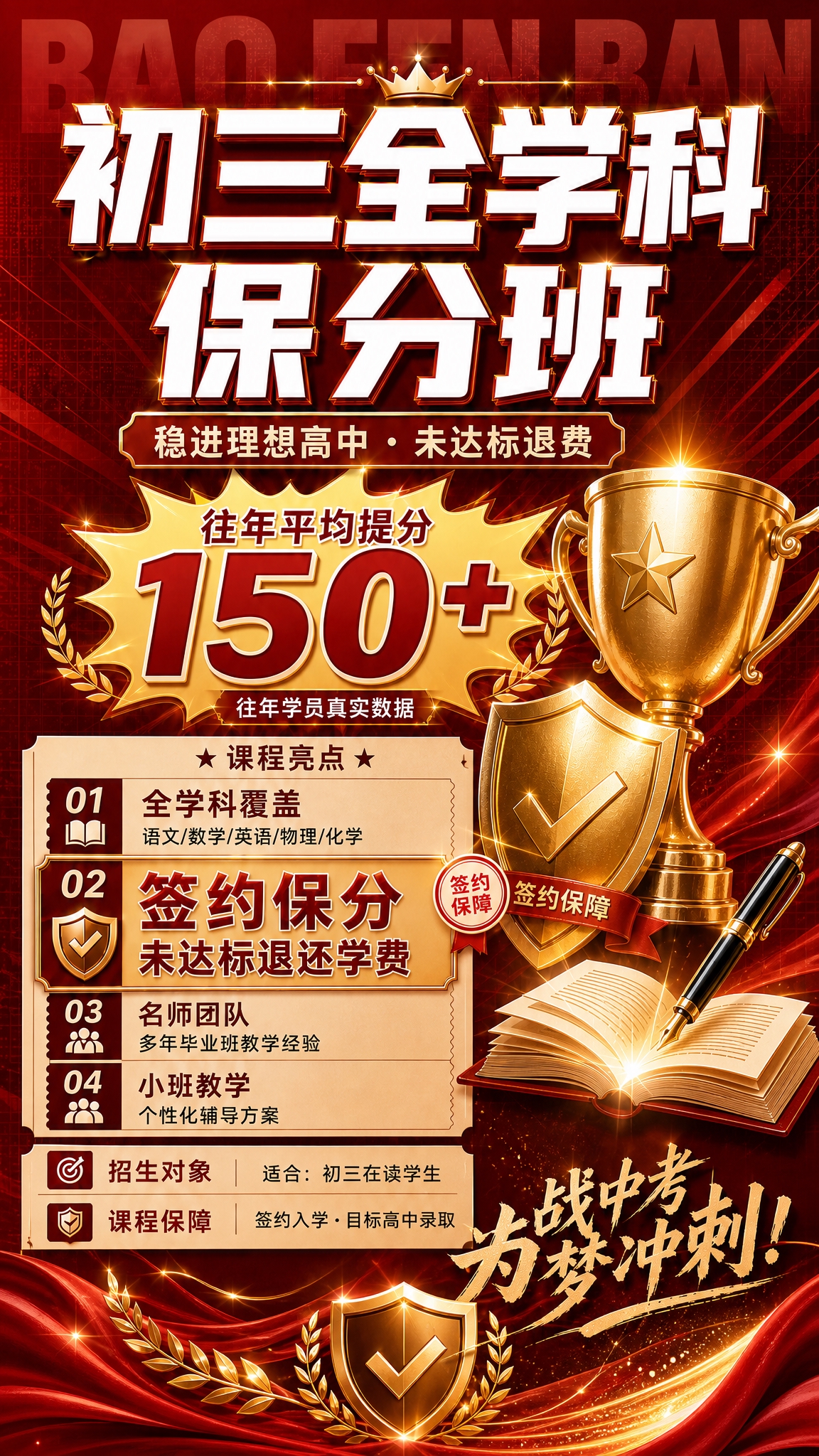 基于参考图重新生成初三全学科保分班招生海报，红金冲刺集训风格，… - 图片创意预览