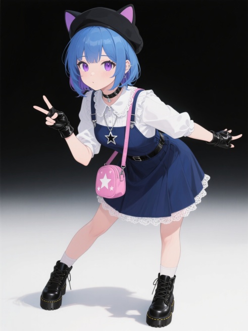 日系二次元动漫风格，一位蓝发紫瞳的少女，头戴黑色猫耳贝雷帽，身穿深蓝色背带短裙，内搭白色蕾丝花边衬衫，脚踩黑色厚底马丁靴，佩戴银色五角星项链和黑色皮质手套，肩上挎着一个印有星星图案的粉色斜挎包，左手比出剪刀手，右手自然下垂，身体微微侧向一边，表情俏皮可爱，整体造型时尚靓丽，色彩以蓝黑为主色调，搭配白色和粉色点缀，纯黑色背景，线条流畅，色彩鲜明，细节丰富，充满青春活力。预览效果