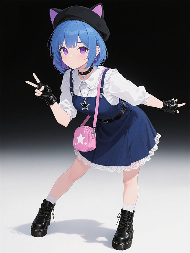 日系二次元动漫风格，一位蓝发紫瞳的少女，头戴黑色猫耳贝雷帽，身穿深蓝色背带短裙，内搭白色蕾丝花边衬衫，脚踩黑色厚底马丁靴，佩戴银色五角星项链和黑色皮质手套，肩上挎着一个印有星星图案的粉色斜挎包，左手比出剪刀手，右手自然下垂，身体微微侧向一边，表情俏皮可爱，整体造型时尚靓丽，色彩以蓝黑为主色调，搭配白色和粉色点缀，纯黑色背景，线条流畅，色彩鲜明，细节丰富，充满青春活力。