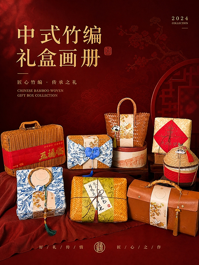 基于参考图中的多款中式竹编藤编礼盒，设计大气风格的画册封面，3:4竖版构图，礼盒作为画面主体精致呈现，背景采用深红色调搭配古典纹理，质感高级，整体氛围喜庆庄重有节日感，适合作为高端礼品画册封面，画面干净大气，留白适度，视觉冲击力强