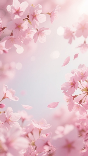 柔和梦幻的粉色系花卉背景，以大量盛开的粉色樱花为主要元素，花瓣呈现半透明质感，轻盈飘逸，部分花瓣从上方和右侧自然散落，形成动态的视觉效果。整体画面采用明亮的逆光效果，中心区域为柔和的淡粉色至白色渐变，营造出温暖通透的氛围，背景中点缀着细腻的光斑和模糊的粉色花影，增强空间层次感和梦幻感，整体风格清新唯美，色彩和谐统一，充满春日浪漫气息。预览效果