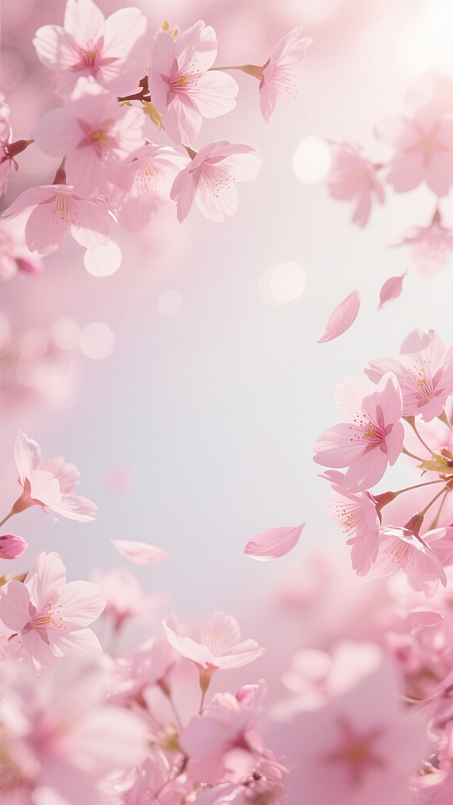 柔和梦幻的粉色系花卉背景，以大量盛开的粉色樱花为主要元素，花瓣呈现半透明质感，轻盈飘逸，部分花瓣从上方和右侧自然散落，形成动态的视觉效果。整体画面采用明亮的逆光效果，中心区域为柔和的淡粉色至白色渐变，营造出温暖通透的氛围，背景中点缀着细腻的光斑和模糊的粉色花影，增强空间层次感和梦幻感，整体风格清新唯美，色彩和谐统一，充满春日浪漫气息。