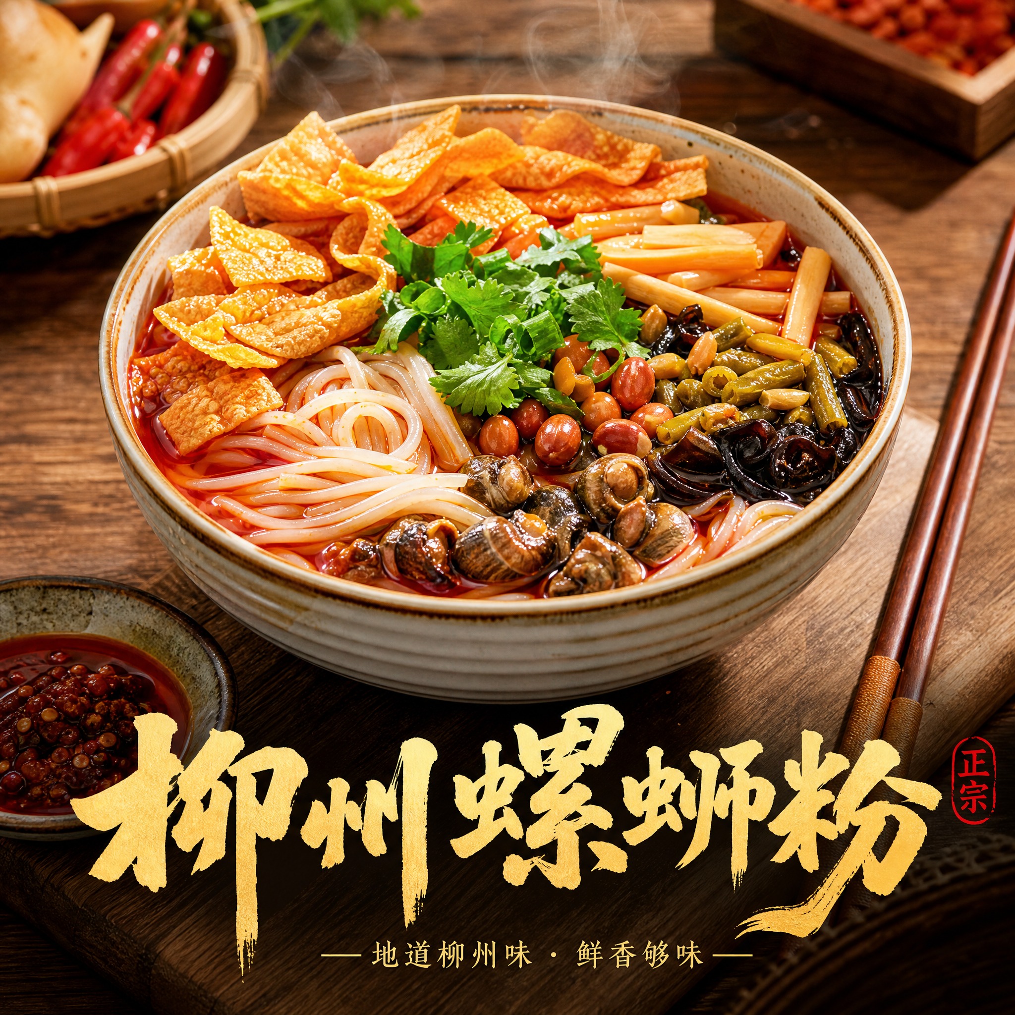 柳州螺蛳粉店铺头像，真实美食摄影风格，画面中央是一碗热气腾腾的… - 图片创意预览