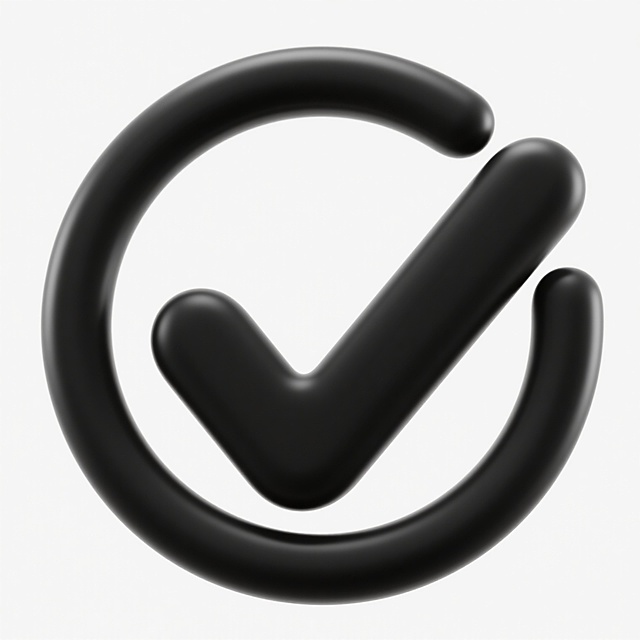 一个软3D风格的黑色对勾图标，对勾位于一个黑色圆形内，整体设计简洁、圆润，具有柔和的立体感，线条流畅，无任何多余装饰元素，背景为纯白色，营造出清晰、明快、专业的视觉氛围。