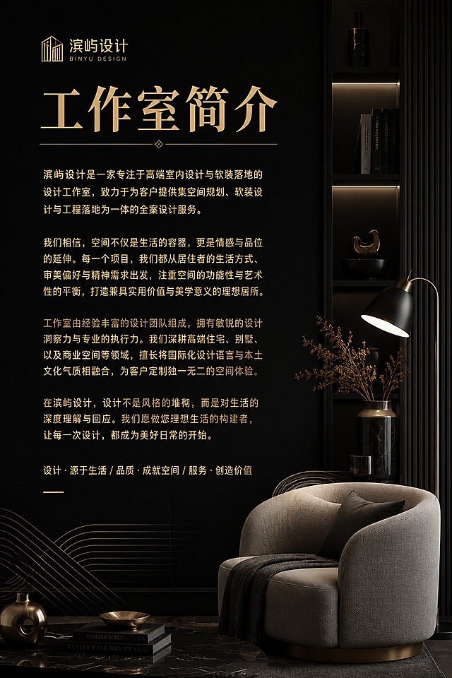 滨屿设计服务
懂设计，更懂商业赋能

工作室简介
滨屿设计工作室，业务覆盖高端家装、全屋定制、商业空间三大设计领域，打通产品研发、方案设计、生产施工、实景落地全链条，提供一体化闭环设计服务。团队专业底蕴深厚，精通家居产品结构、加工工艺、主材选材、全屋软装配置，深耕项目落地全流程，对接工厂生产与现场施工全环节，精细化把控工艺细节，保障设计方案高度实景还原。团队设计克制务实，擅长材质整合与色彩统筹，兼顾空间美学、居住实用性与施工落地性，规避设计理想化、落地翻车问题。
区别于常规设计机构，滨屿兼具设计服务与行业赋能属性，致力于专业设计交流平台的搭建。依托二十年行业积淀，整合优质设计师资源，可根据项目体量、业态需求快速输出专项设计服务团队，适配不同类型的设计项目委托。平衡美学效果、造价成本、落地效率与人居、商业需求，交付客户以专业可控、落地性强、高性价比的设计成果。

主理人.画像
滨屿|Ben
资深职业经理人
首席开发设计师
运营体系建造专家
家居企业管理顾问
曾先后任职于索菲亚、好莱客、东宇鸿翔、尚品本色、CBD等优秀家居企业…
20年家居与商业空间设计经验，兼具产品研发、空间设计双重能力。擅长全屋定制产品标准化研发、品牌展厅设计，精通高端私宅、商用空间全案统筹。熟悉供应链与施工标准，平衡设计效果、落地施工与商业收益，专业提供设计、工艺落地解决方案。

设计服务业务介绍
滨屿设计业务覆盖家居产品研发、品牌展厅设计、全案美学设计、商业空间设计、设计师资源的整合与赋能，打通前端产品研发、中端方案创作、后端生产落地全流程，覆盖私宅业主、家居品牌、线下商户等客户群体。依托二十年行业实战经验，兼顾美学原创性、工艺可行性、成本合理性、商业实用性，提供一站式、定制化、全托管式设计服务。
家居研发设计
聚焦家居品牌、全屋定制工厂的需求，深耕家居产品后端研发设计，解决家居产品同质化、工艺不规范或不合理、展厅呈现效果差等痛点。具体设计服务包含：
1.产品工艺创新：优化全屋定制柜模块、固装家具、软装配套产品生产工艺，改良老旧结构，降低生产浪费、优化安装难度，提升家居产品适配性；
2.产品体系开发：协助家居企业搭建标准化、模块化全屋定制产品矩阵，划分风格、价位、功能产品线，完善产品设计图纸、工艺规范、交付标准；
3.家居展厅设计：承接家居线下门店、品牌展厅、样板间空间设计，结合产品调性规划展厅动线、光影、陈列，兼顾获客能力与品牌审美，赋能线下门店引流转化；
4.落地生产管控：对接生产工厂，输出专业工艺结构图纸，指导板材选材、五金搭配、加工流程，解决设计方案与生产脱节、产品出错与返工等问题。

全案美学设计
面向改善型住宅、大平层、别墅、叠拼等高端私宅业主，提供一体式无断点全案设计服务，告别碎片化装修，服务覆盖设计到交付全周期：
1.空间原创设计：户型拆改、动线优化、功能重构，摒弃流水线思维的模板化设计，定制差异性构图解决方案，打造客户专属的居家空间；
2.全屋定制设计：结合整体风格定位与客户需求，量身设计柜类、门类、木作、固装等家居产品，实现硬装、定制、软装设计风格一体化；
3.材质与色彩美学统筹：统筹硬装主材、墙面肌理、地面材质、软装配色，把控全屋质感，规避色彩翻车、材质违和问题，提升居家高级感；
4.施工方案保障落地：结合设计方案落地需求，全程对接施工团队，核对工艺细节、制作要求、整改偏差，同步验收节点，保障效果图实景还原。

商业空间设计
面向实体经济商户、品牌运营商，打造适配经营逻辑的盈利型商业空间，兼顾颜值、体验、营收三大需求，覆盖全品类的商业应用场景：
1.商业服务场景：沿街商铺、新零售门店、办公空间、文创、餐饮业态、休闲业态商业空间等；
2.核心设计服务：商业动线规划、品牌视觉植入、场景氛围营造、功能分区优化；结合行业属性精准搭配材质光影，强化顾客沉浸式体验；
3.商业增值服务：依托行业经验研判空间商业逻辑，优化坪效、降低装修冗余成本，借空间设计提升客户进店率、留存率，实现设计变现。

资源整合与赋能
依托滨屿拥有的优质设计师人脉资源，面向甲方、设计机构、跨界客户提供资源统筹与赋能服务，解决专项项目缺人手、专业能力不足难题：
1.按需快速搭建专项项目设计团队，统筹硬装、软装、产品、施工图、效果图专项设计师力量；
2.对外输出工艺培训、空间美学指导、产品研发咨询服务，赋能中小设计团队、家居品牌；
3.大型跨界设计项目协同分包、专业会审、方案优化审核，整体把控项目质量与交付周期。

核心服务优势
1.双向专业壁垒：与市面多数设计机构不同，尽管他们懂空间、却较少懂产品工艺，滨屿兼具家居产品研发+空间设计双重能力，打通产销、落地断点；
2.实战经验沉淀：二十年深耕一线落地而非纯纸面设计，熟悉施工隐患、工艺痛点、选材雷区，前期规避风险，降低返工成本；
3.原创审美可控：拒绝网红流水线、模板化设计，以专业视角及态度，兼顾大众审美与高阶质感，色彩、材质、构图差异化；
4.资源高效联动：整合行业优质设计师、供应链资源，大小项目均可快速匹配优质设计师团队，缩短交付周期，提升项目精度。

服务交付流程
需求客户沟通 → 现场勘测&痛点预判 → 方案初稿创作 → 材质工艺复盘 → 项目方案定稿 → 施工图纸输出 → 生产/施工对接 → 现场落地跟进 → 项目竣工验收

参考文字内容，生成一套宣传画册。画册版面设计时尚，要求标题排列工整美观，文字清晰。画册的背景、插图均采用现代风格的家居、软装或空间设计元素。要求标题排列工整美观，文字清晰。主理人页面采用“滨屿”的画像。
画册规格：W20cm×H30cm；
版面色调：黑色；文字：金色
画册页数：10P