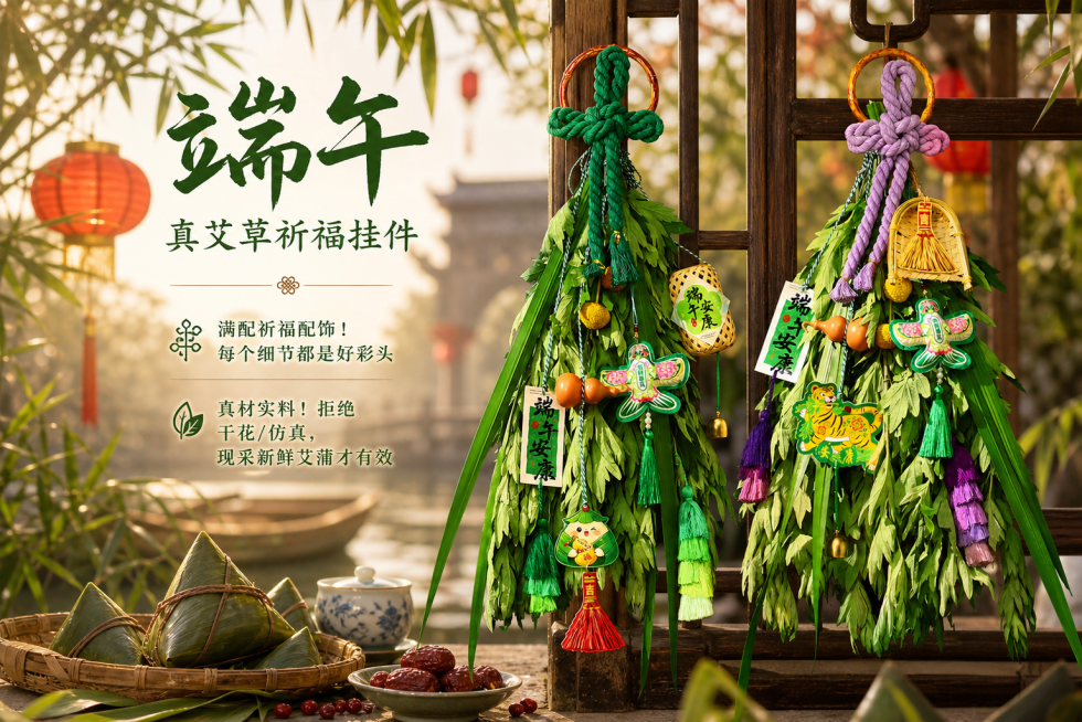 「图片1」这款产品是端午真艾草祈福挂件，换个背景，背景不要纯色，背景要与主题相符合，重点突出端午真艾草祈福挂件，添加【端午真艾草祈福挂件】【满配祈福配饰！每个细节都是好彩头】【真材实料！拒绝干花 /预览效果